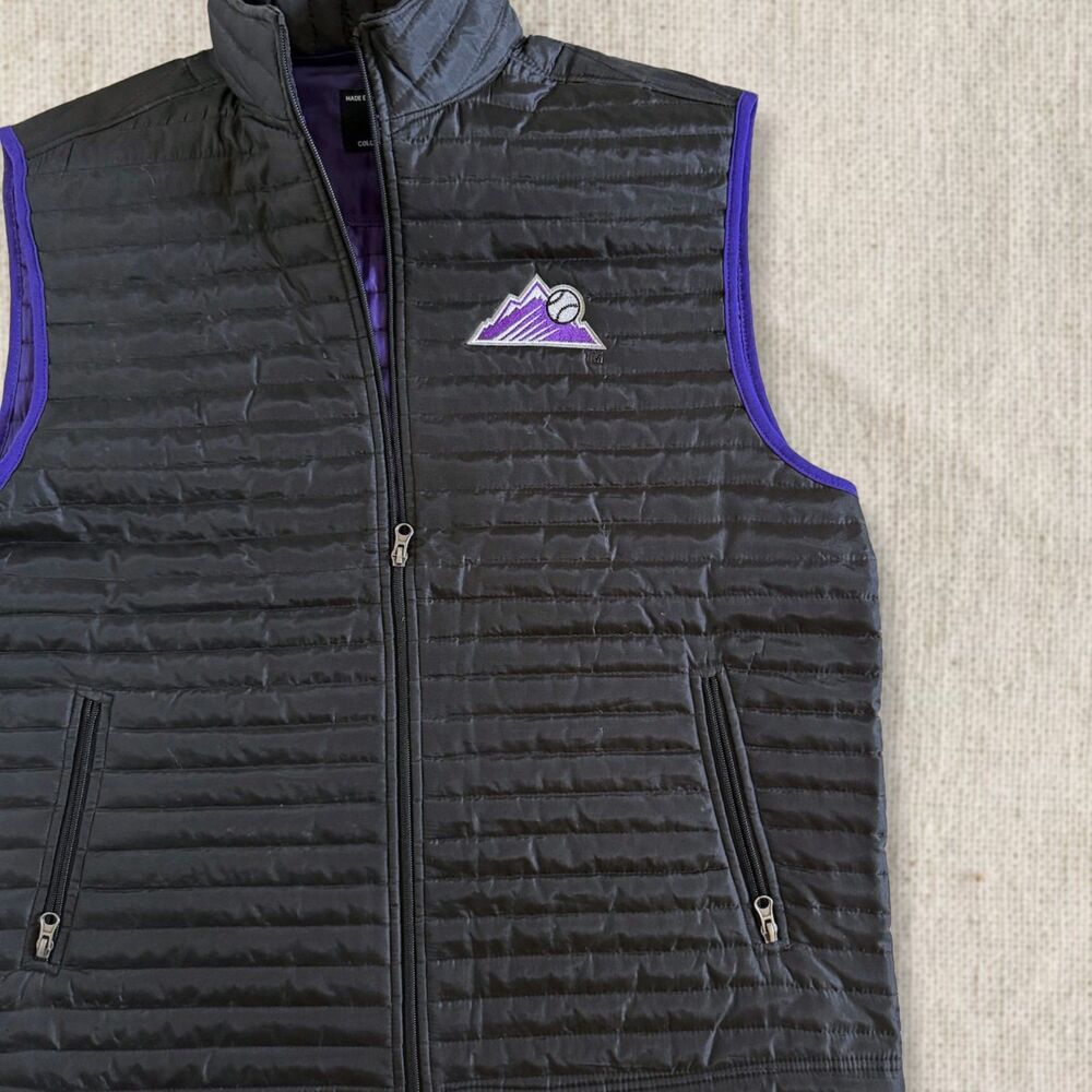 Colorado Rockies MLB Quilt Puffer Vest NWOT Black Purple Zip Pockets Fan Gear XL